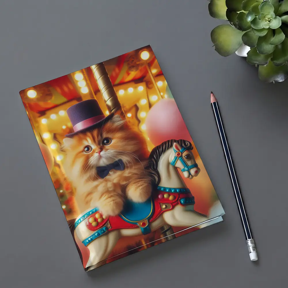 Fluffy Orange Cat Carousel Carnival Scene – Notebooks