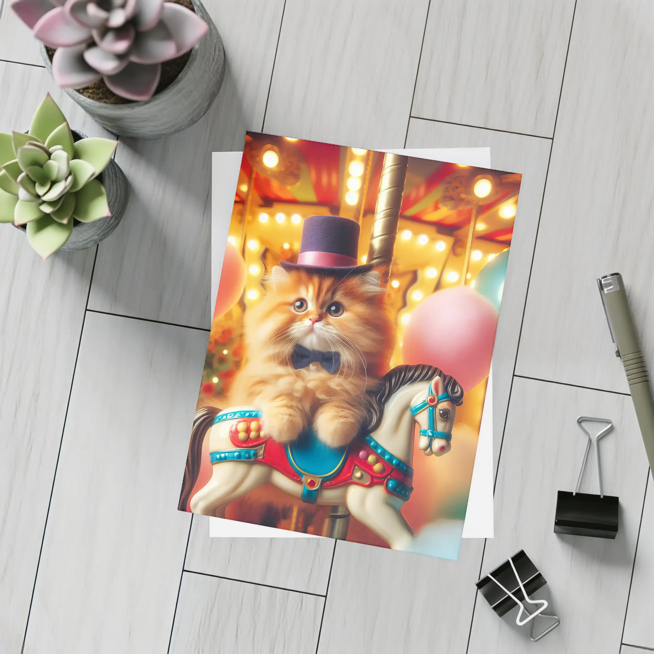 Fluffy Orange Cat Carousel Carnival Scene – Postcards