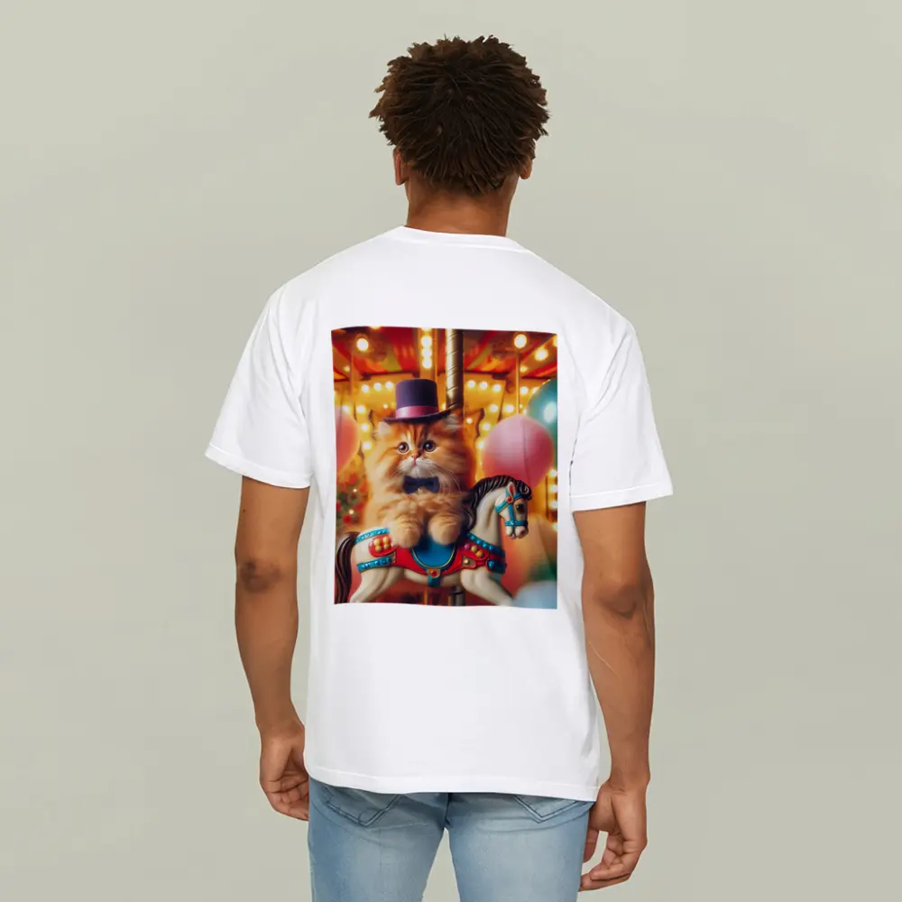 Fluffy Orange Cat Carousel Carnival Scene – T-Shirts