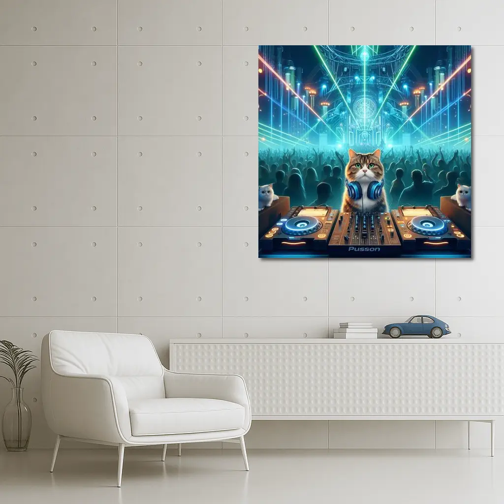 Cat DJ Spinning at Neon Rave Party – Wall Art
