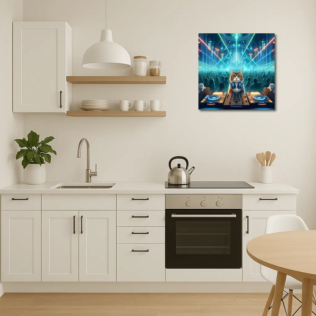 Cat DJ Spinning at Neon Rave Party – Wall Art