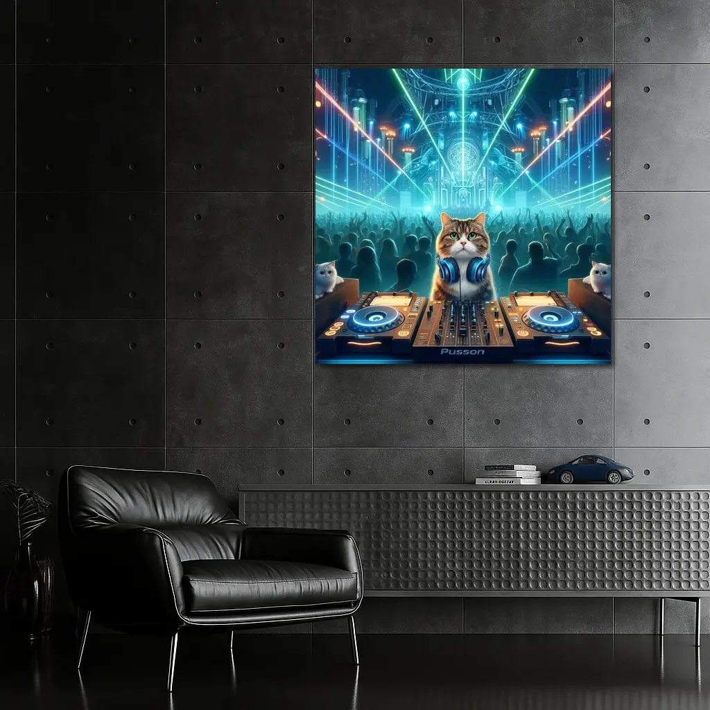 Cat DJ Spinning at Neon Rave Party – Wall Art