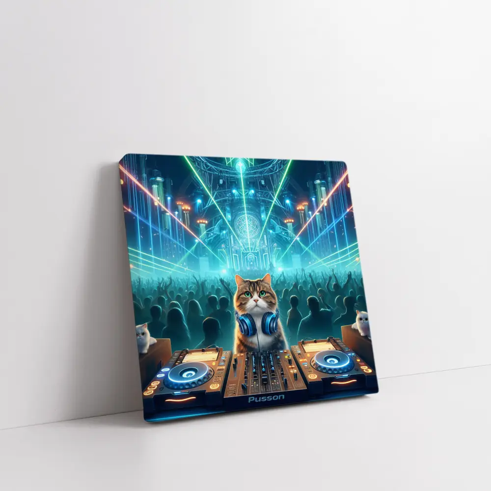 Cat DJ Spinning at Neon Rave Party – Wall Art