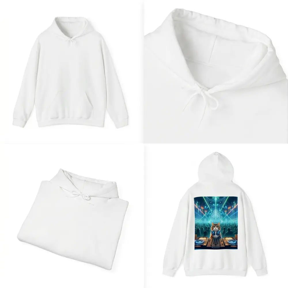 Cat DJ Spinning at Neon Rave Party – Hoodies