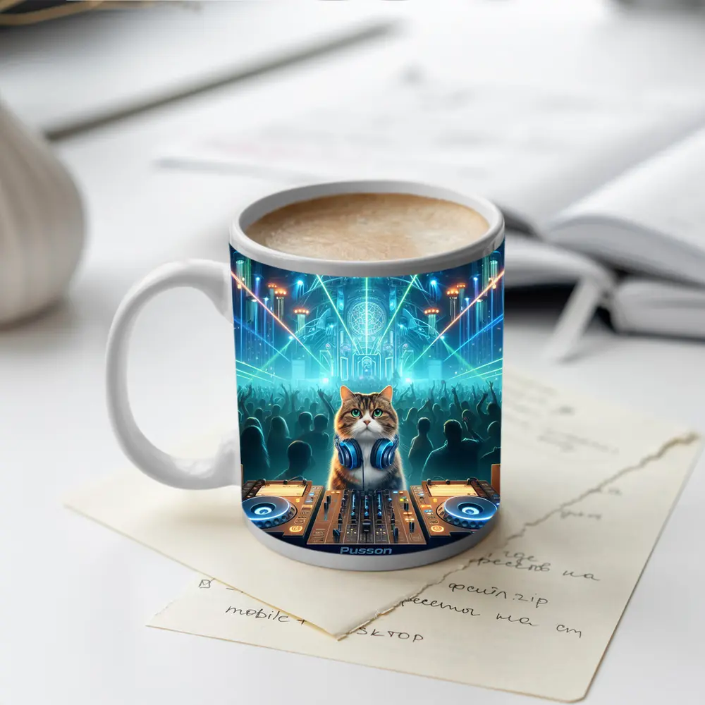 Cat DJ Spinning at Neon Rave Party – Mugs
