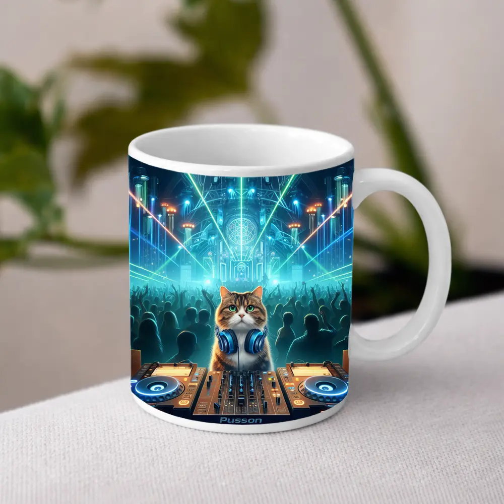 Cat DJ Spinning at Neon Rave Party – Mugs