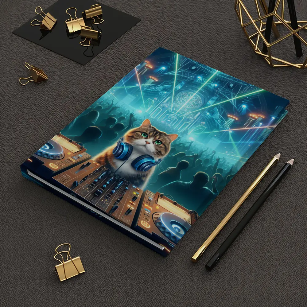 Cat DJ Spinning at Neon Rave Party – Notebooks