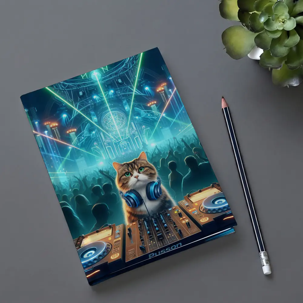 Cat DJ Spinning at Neon Rave Party – Notebooks