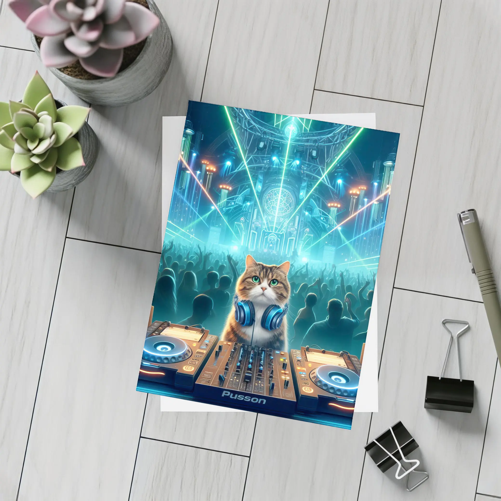 Cat DJ Spinning at Neon Rave Party – Postcards