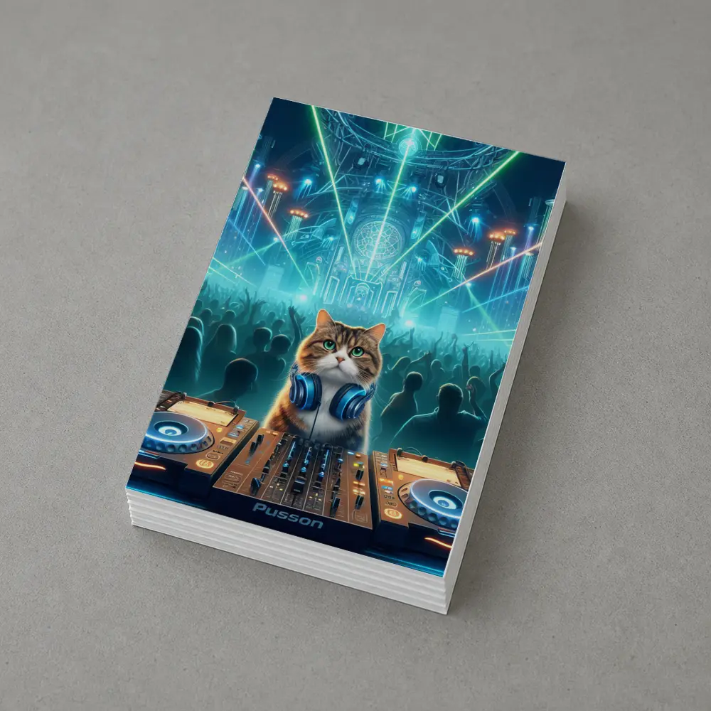 Cat DJ Spinning at Neon Rave Party – Postcards