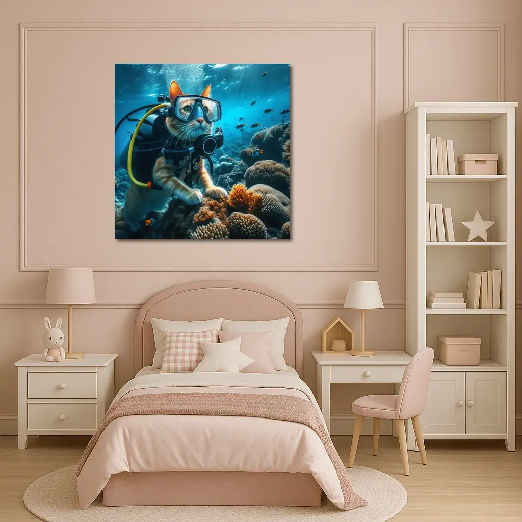 Orange Cat Scuba Diver Underwater Coral Reef – Wall Art