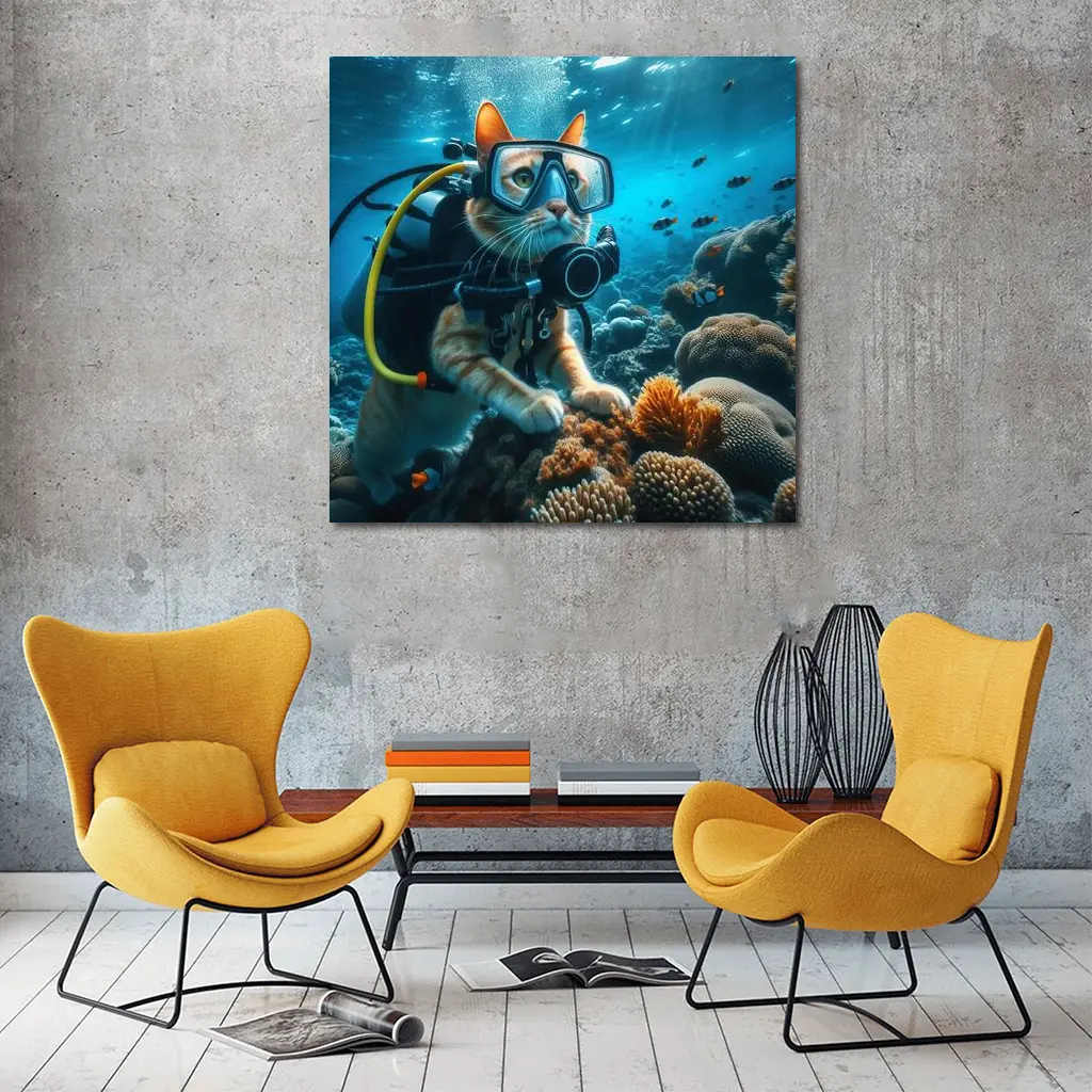Orange Cat Scuba Diver Underwater Coral Reef – Wall Art