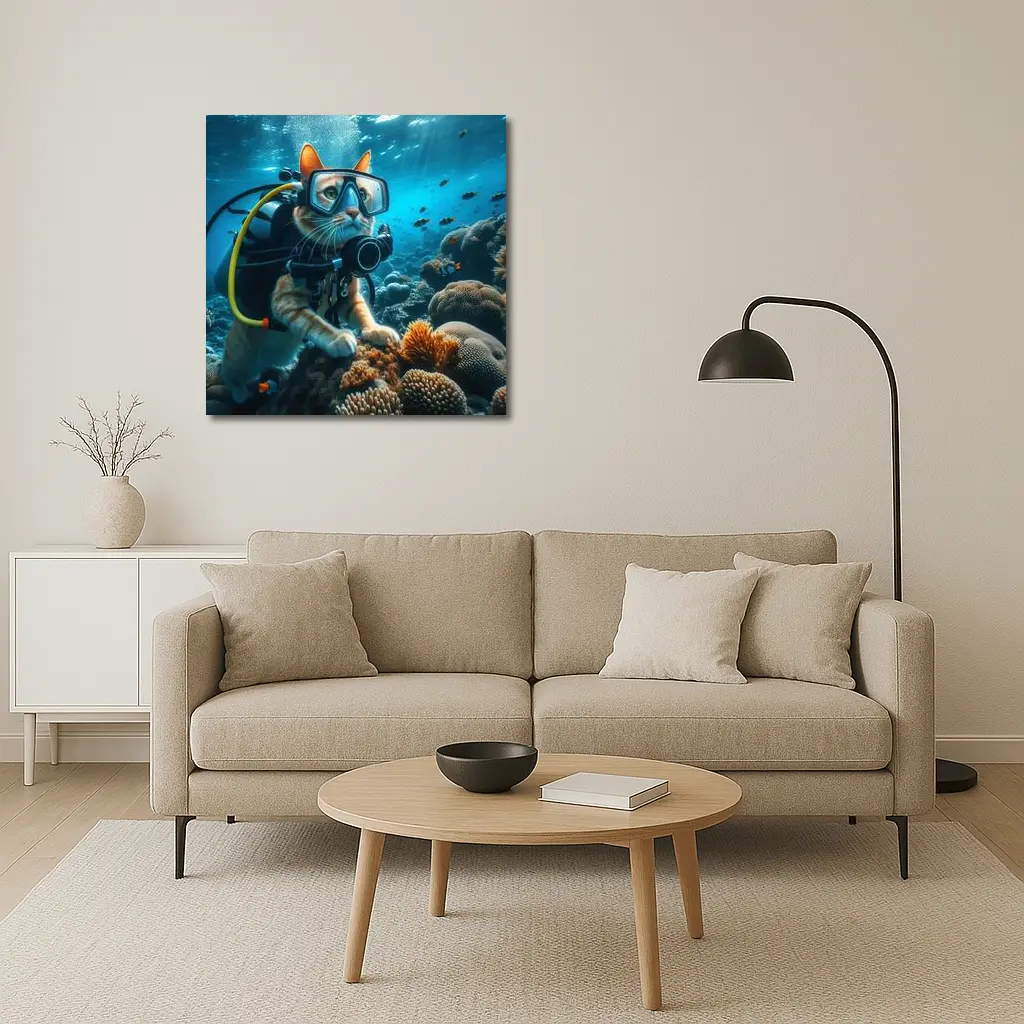 Orange Cat Scuba Diver Underwater Coral Reef – Wall Art