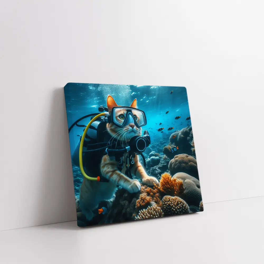 Orange Cat Scuba Diver Underwater Coral Reef – Wall Art