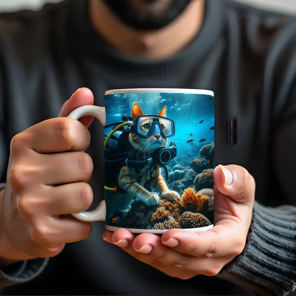 Orange Cat Scuba Diver Underwater Coral Reef – Mugs