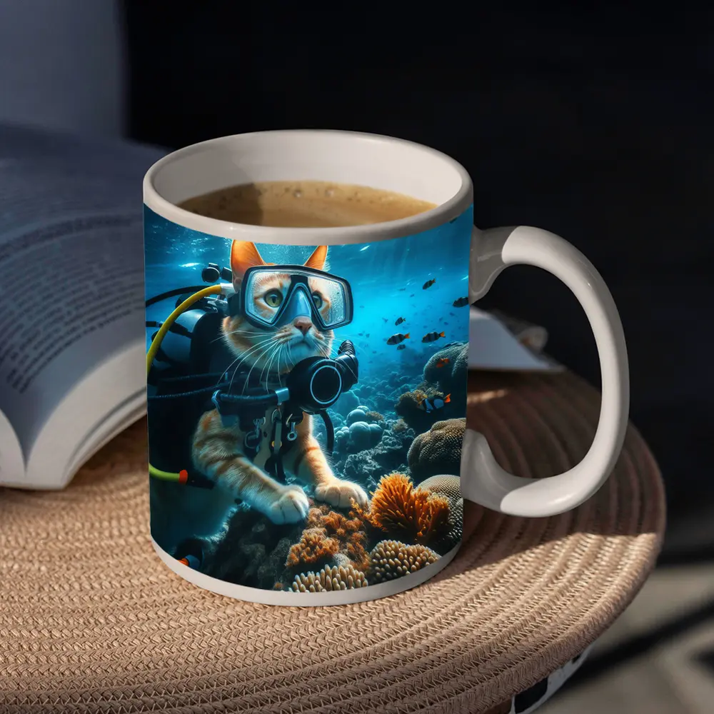 Orange Cat Scuba Diver Underwater Coral Reef – Mugs
