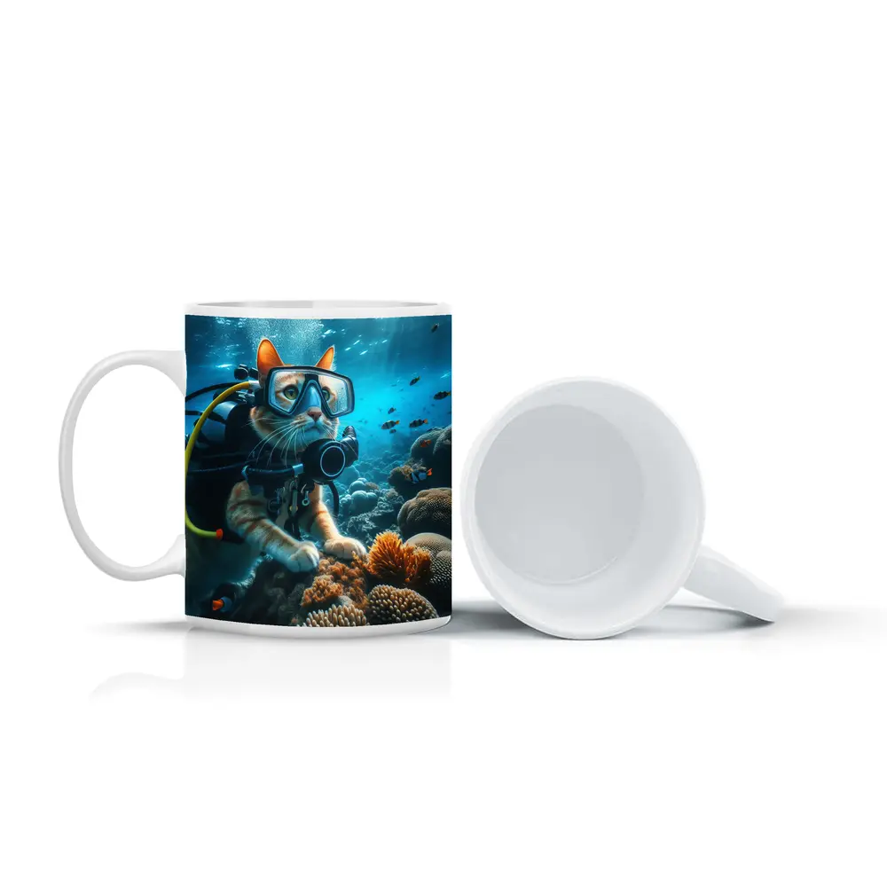 Orange Cat Scuba Diver Underwater Coral Reef – Mugs