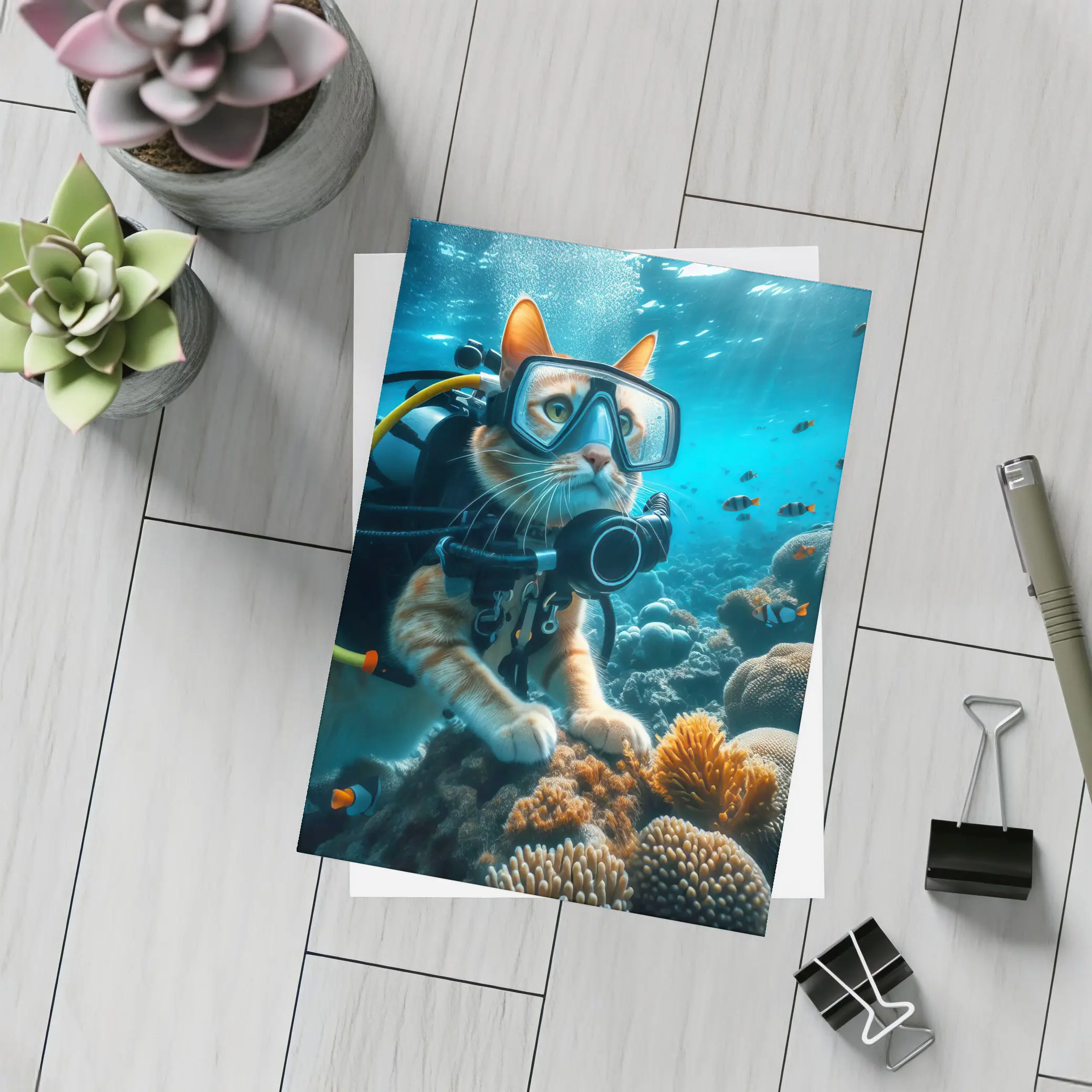Orange Cat Scuba Diver Underwater Coral Reef – Postcards