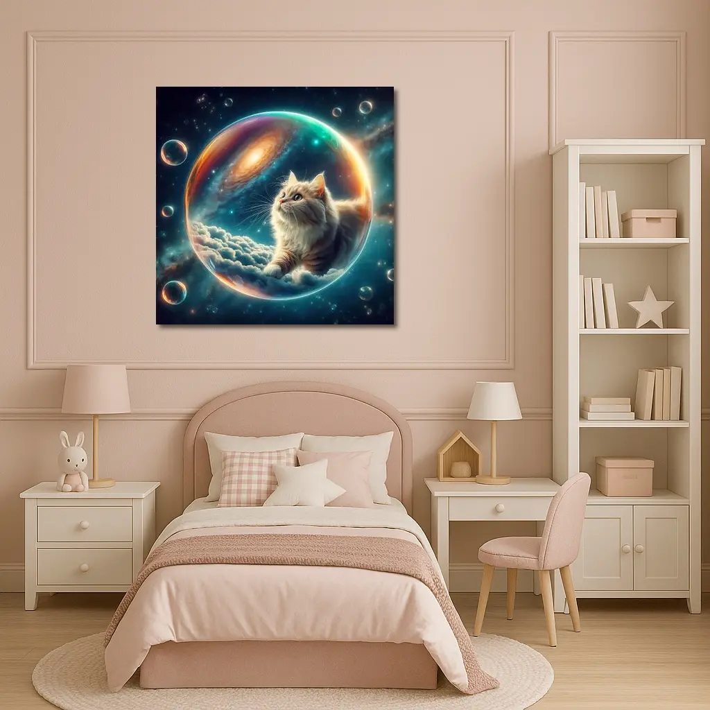 Fluffy Cat Floating Space Bubble Galaxy – Wall Art