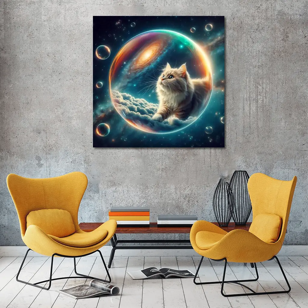 Fluffy Cat Floating Space Bubble Galaxy – Wall Art