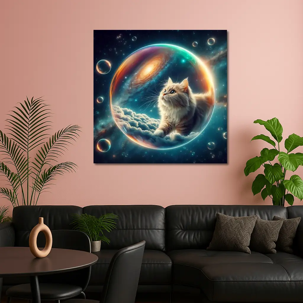 Fluffy Cat Floating Space Bubble Galaxy – Wall Art
