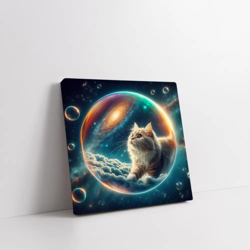 Fluffy Cat Floating Space Bubble Galaxy – Wall Art