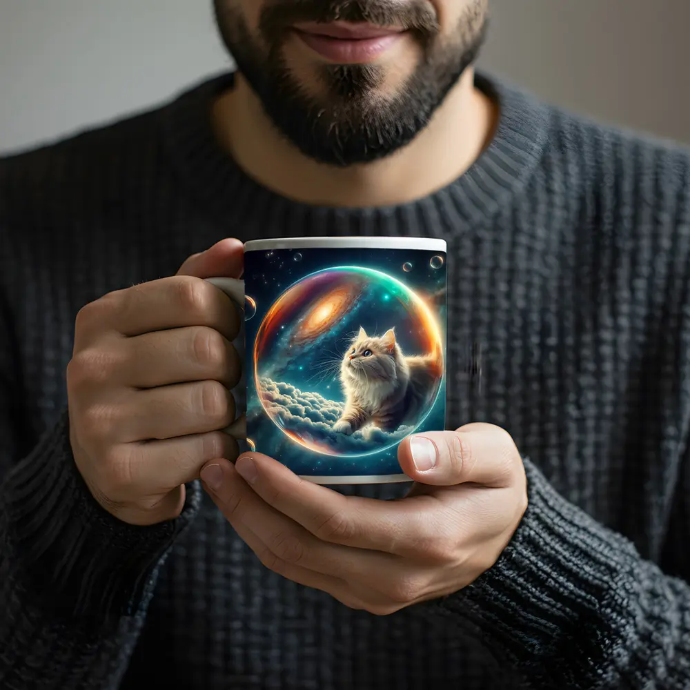 Fluffy Cat Floating Space Bubble Galaxy – Mugs