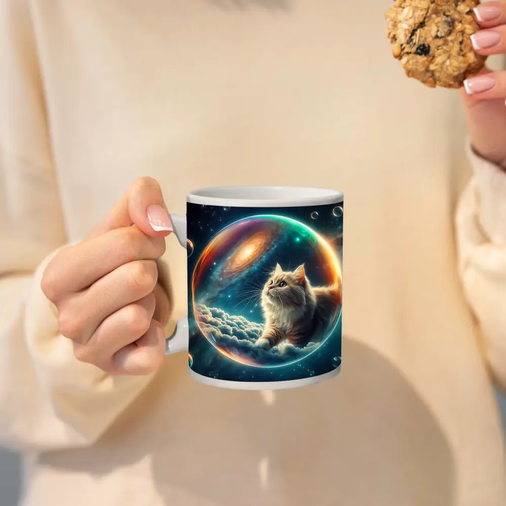 Fluffy Cat Floating Space Bubble Galaxy – Mugs