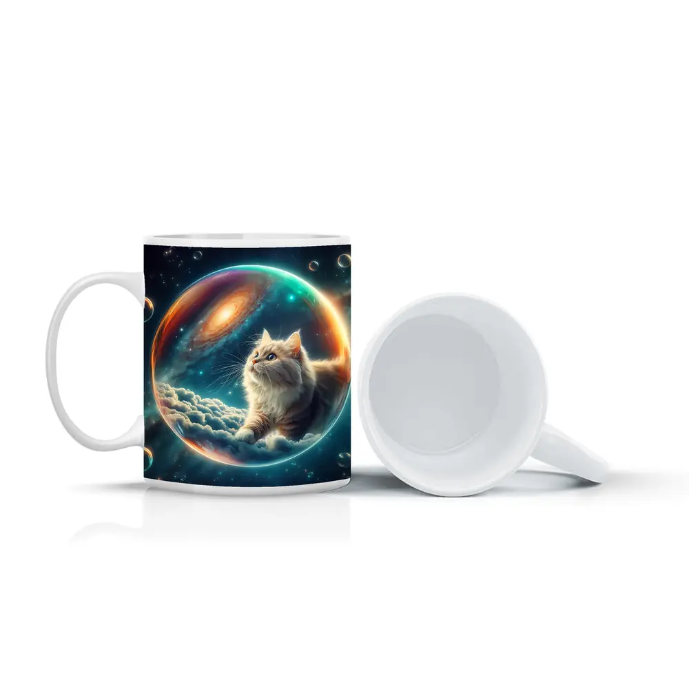 Fluffy Cat Floating Space Bubble Galaxy – Mugs