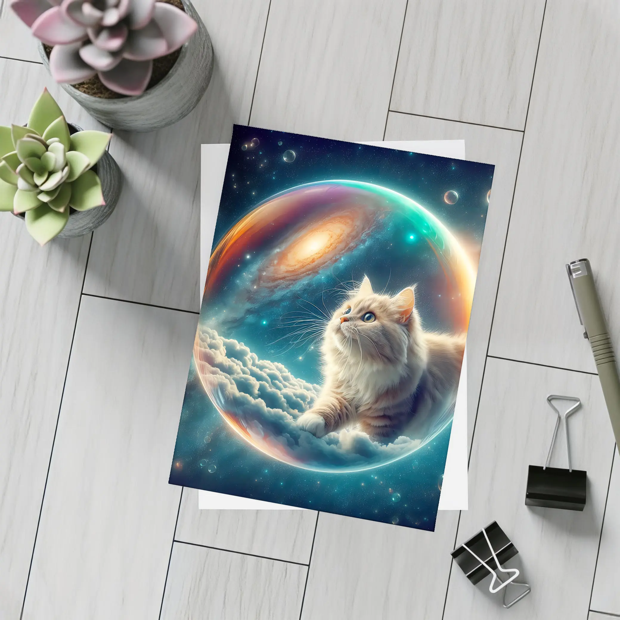 Fluffy Cat Floating Space Bubble Galaxy – Postcards