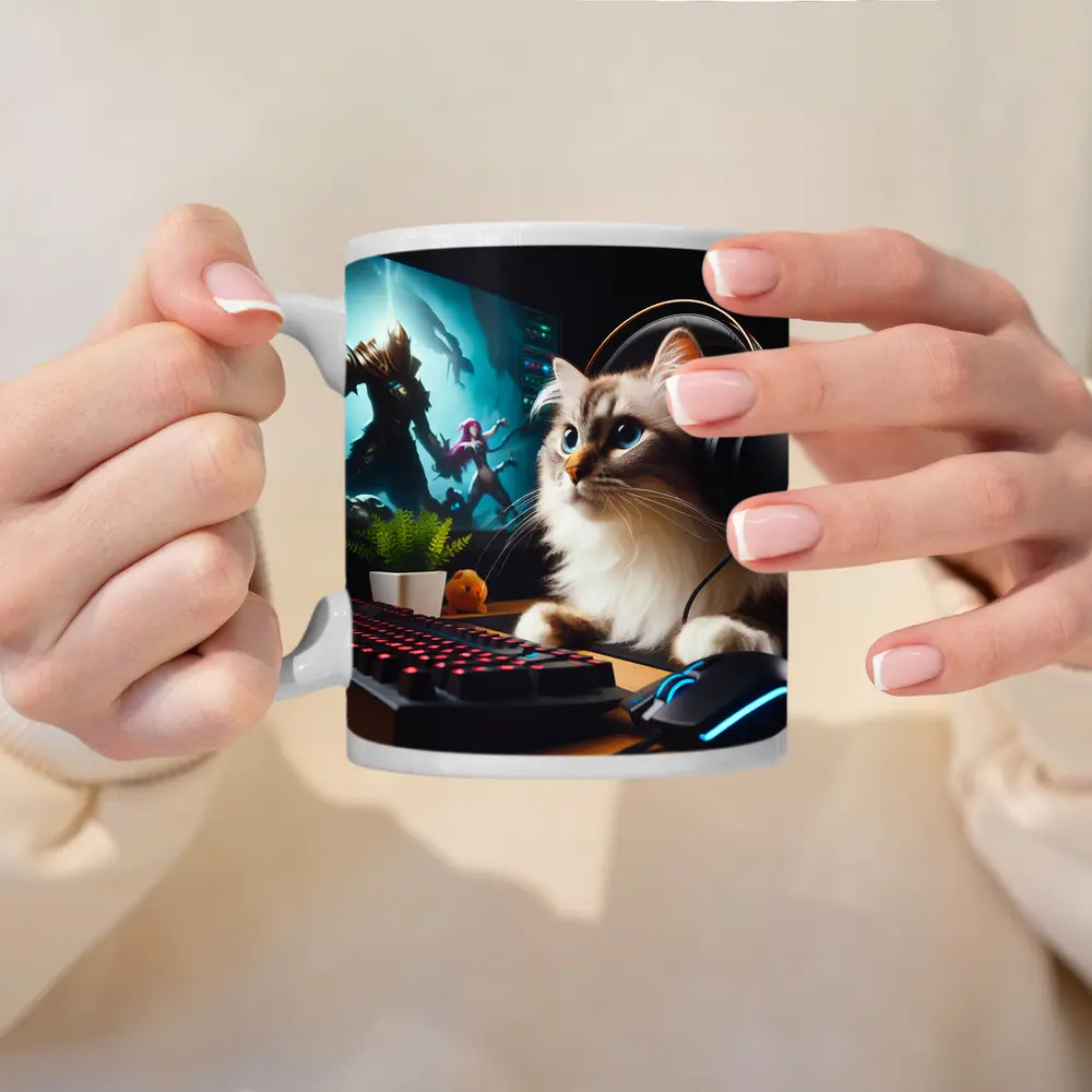 Ragdoll Cat Gaming Setup With Headphones – Mugs