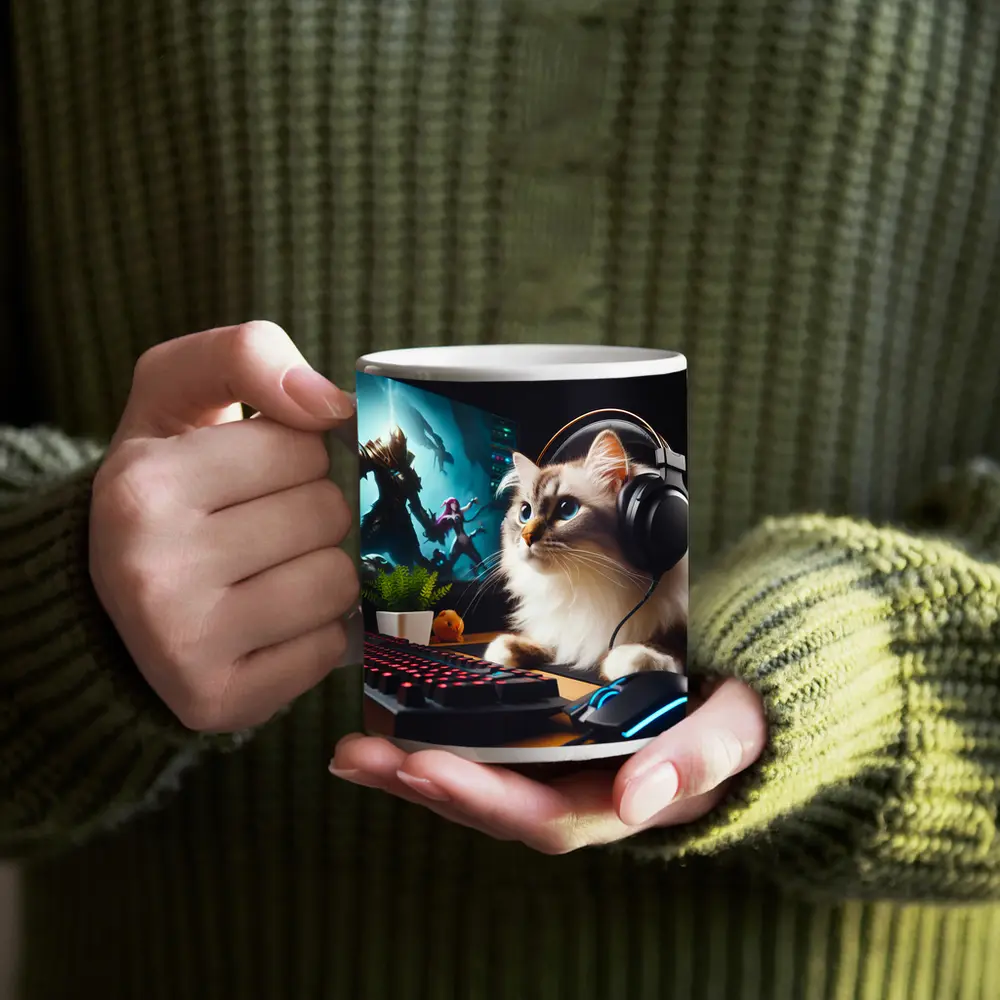Ragdoll Cat Gaming Setup With Headphones – Mugs
