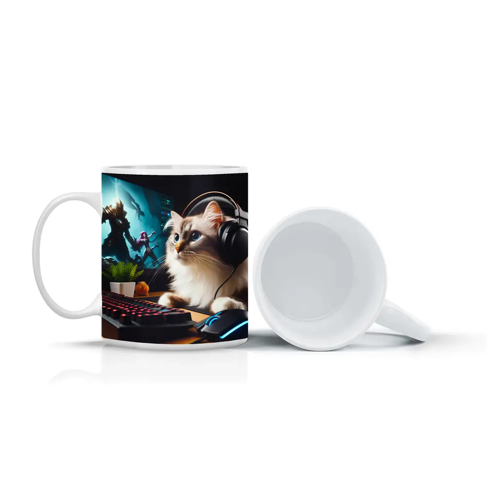 Ragdoll Cat Gaming Setup With Headphones – Mugs