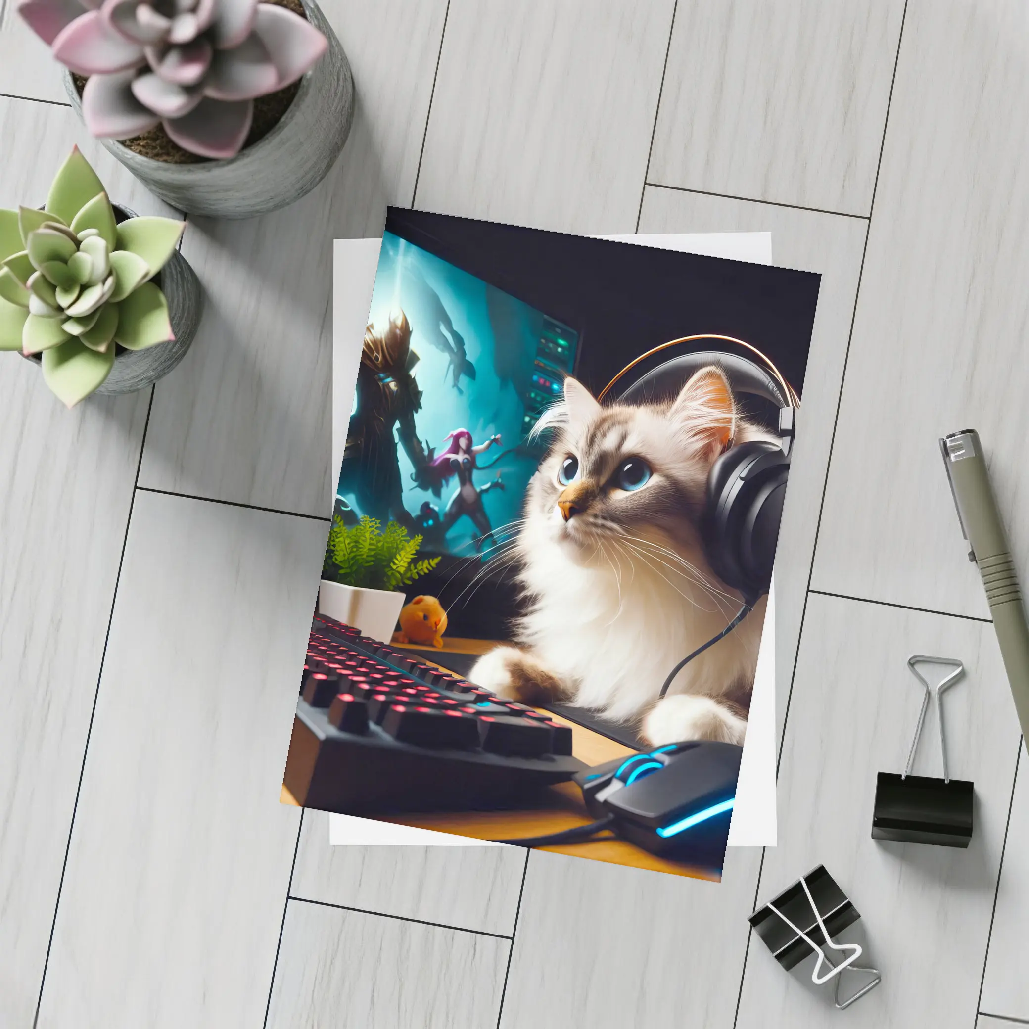 Ragdoll Cat Gaming Setup With Headphones – Postcards