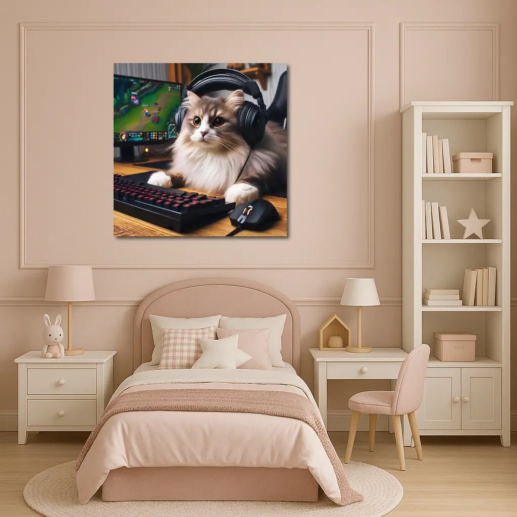 Fluffy Cat Gamer With Headset Gaming Setup – Wall Art