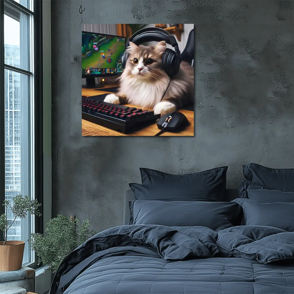 Fluffy Cat Gamer With Headset Gaming Setup – Wall Art