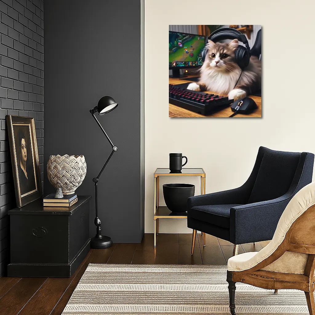 Fluffy Cat Gamer With Headset Gaming Setup – Wall Art