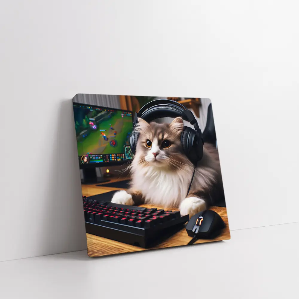 Fluffy Cat Gamer With Headset Gaming Setup – Wall Art