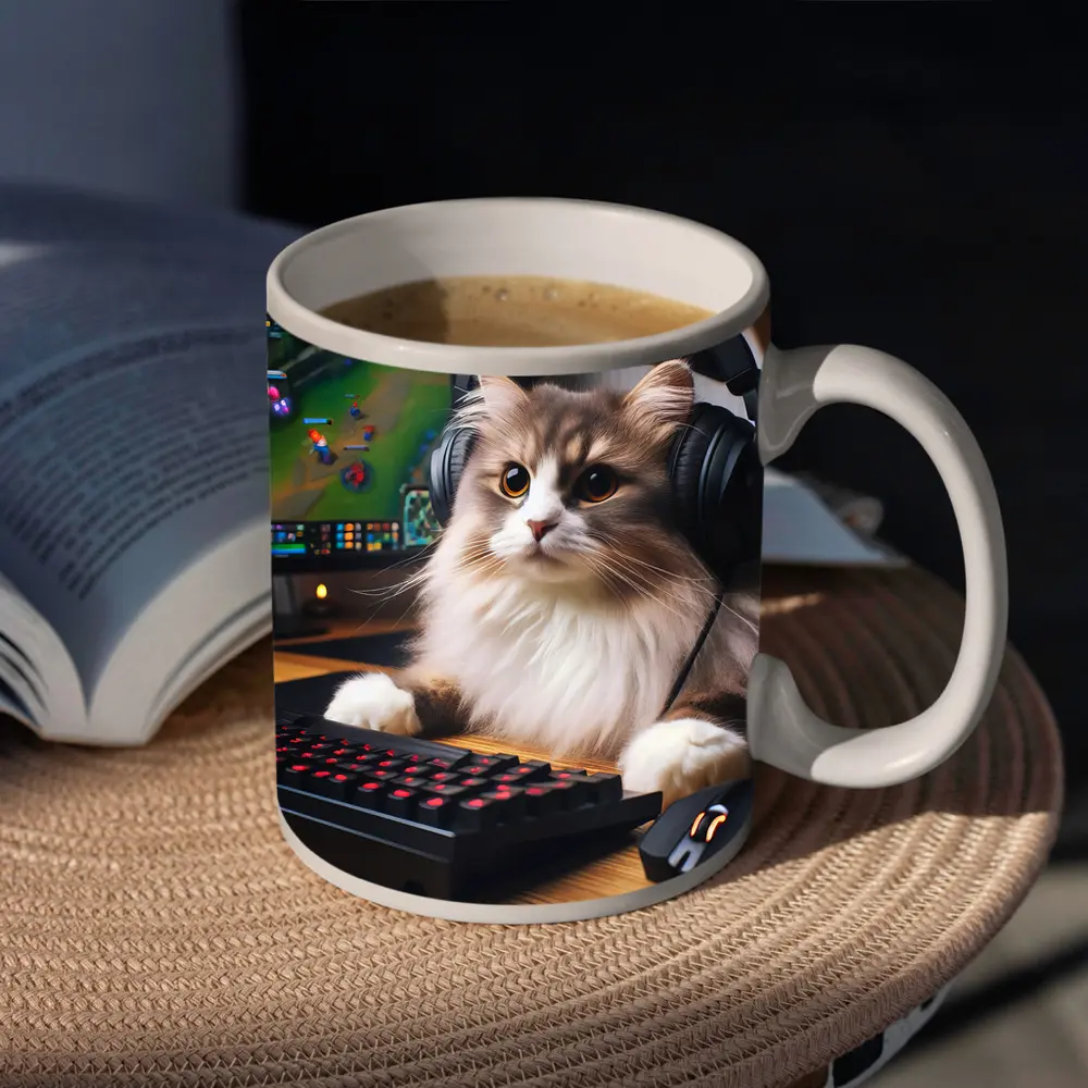 Fluffy Cat Gamer With Headset Gaming Setup – Mugs