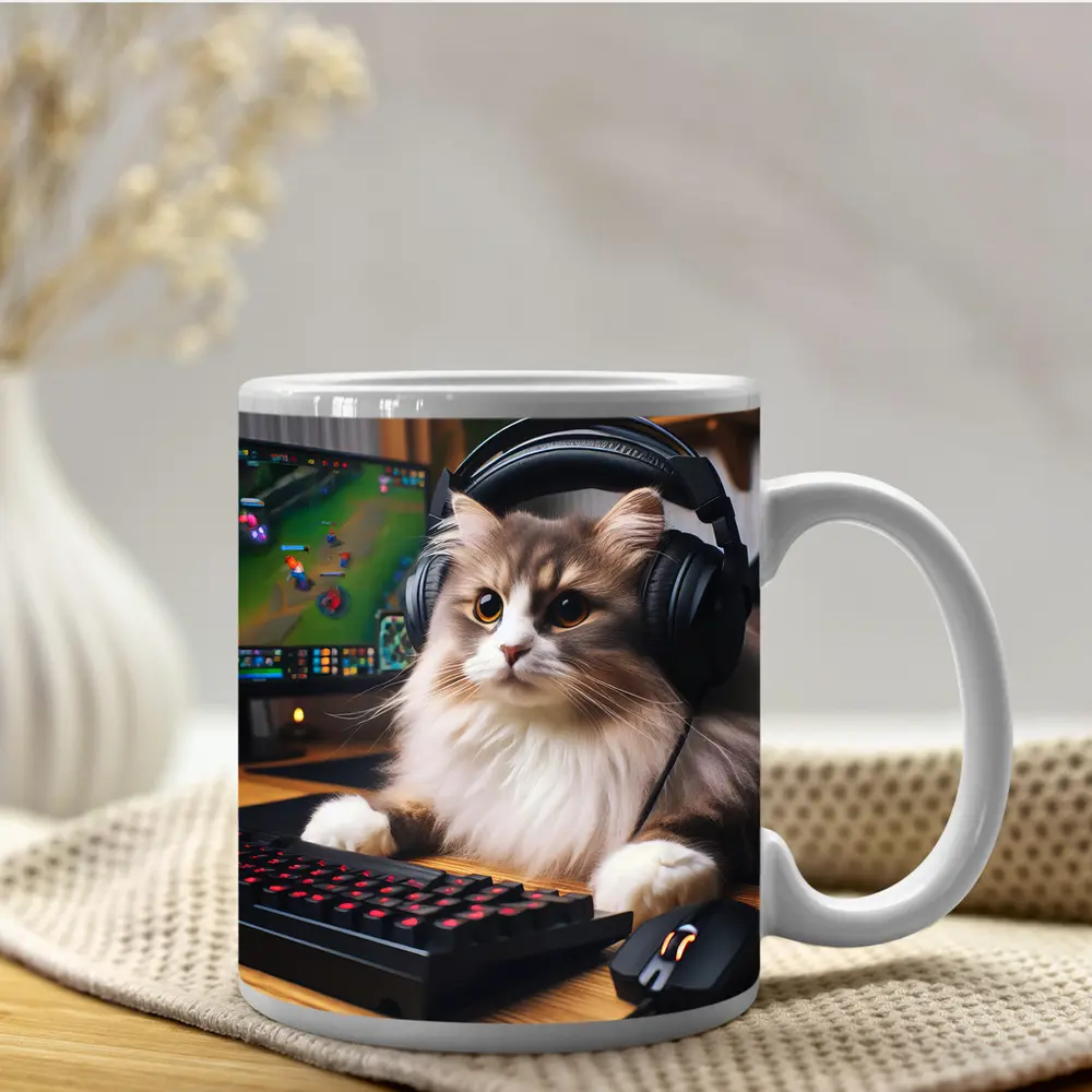 Fluffy Cat Gamer With Headset Gaming Setup – Mugs
