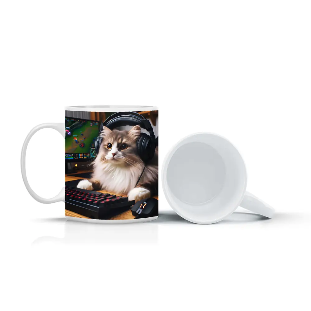 Fluffy Cat Gamer With Headset Gaming Setup – Mugs