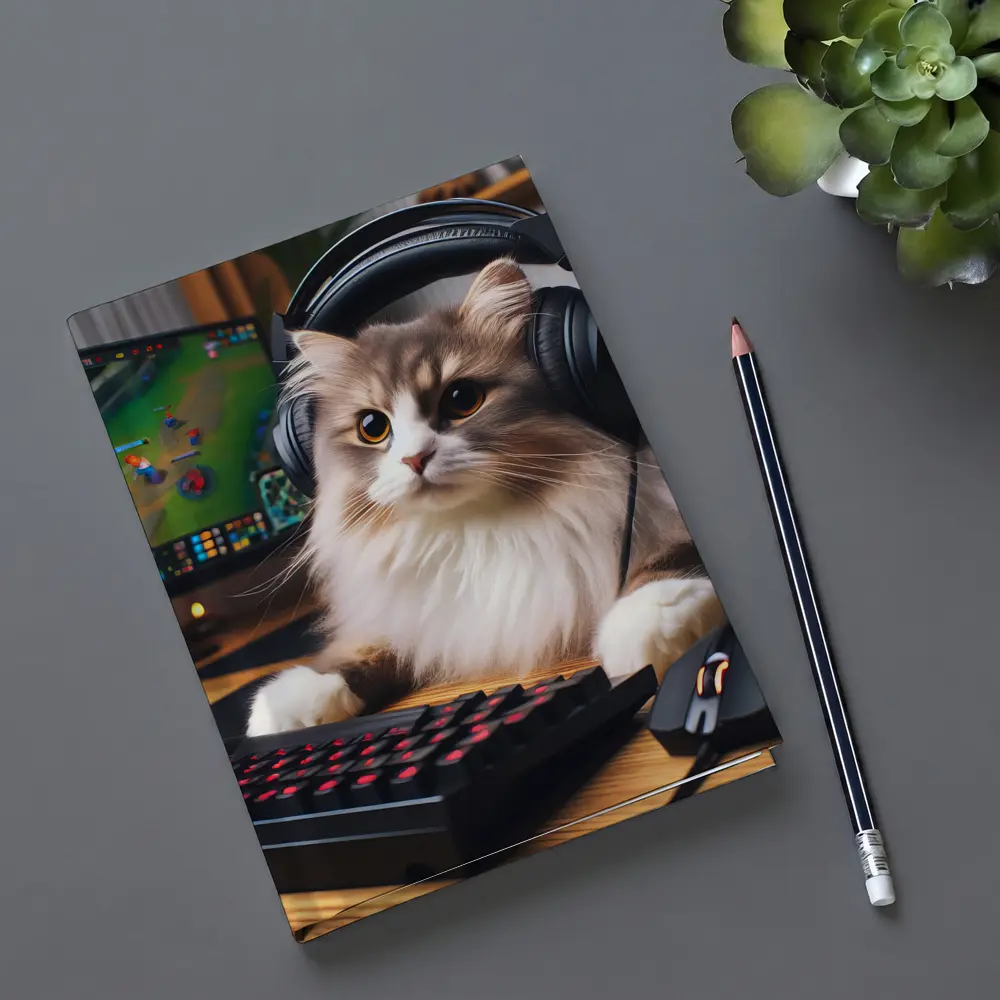 Fluffy Cat Gamer With Headset Gaming Setup – Notebooks