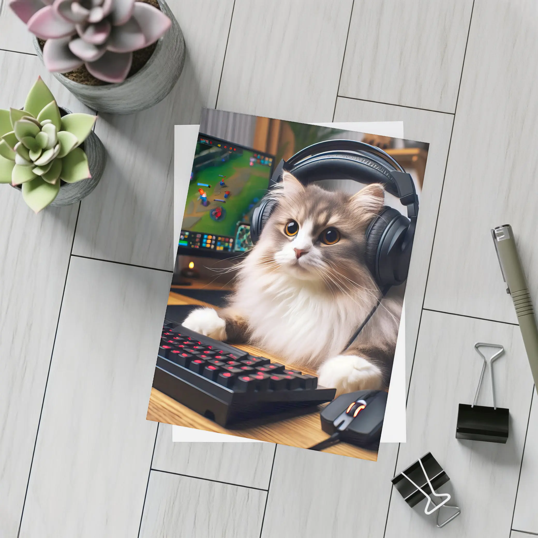Fluffy Cat Gamer With Headset Gaming Setup – Postcards