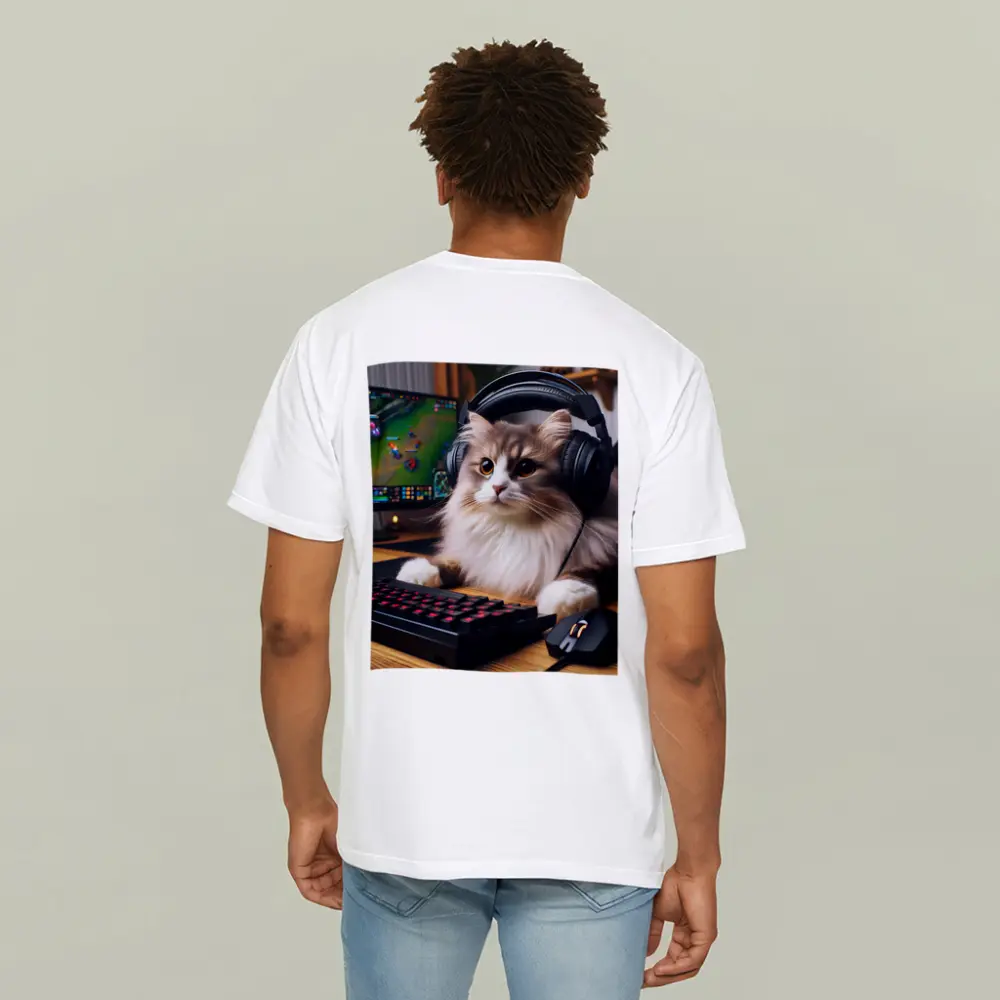 Fluffy Cat Gamer With Headset Gaming Setup – T-Shirts