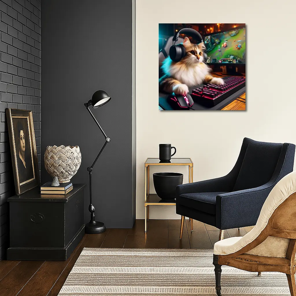 Fluffy Cat Gamer Playing at Gaming Setup – Wall Art