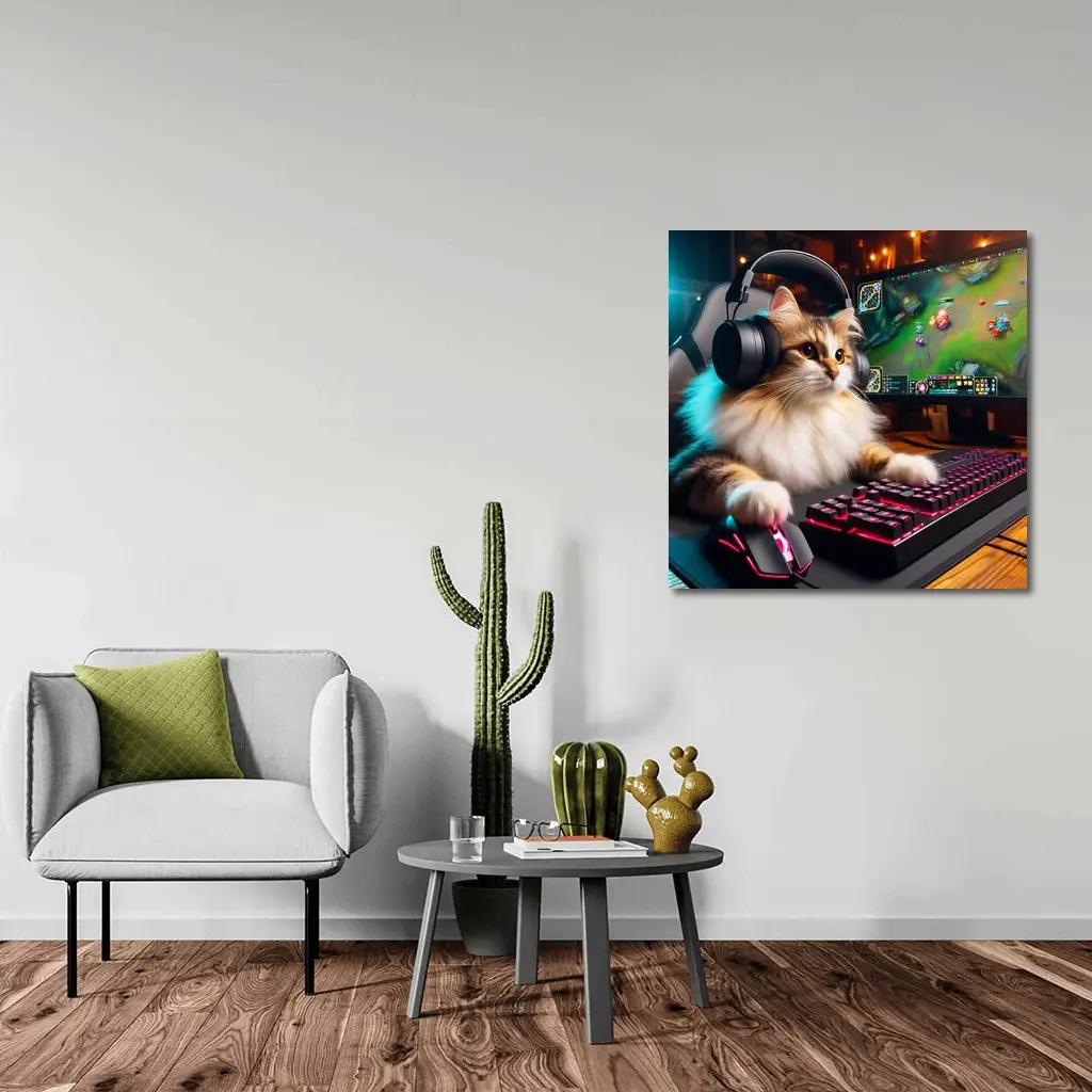 Fluffy Cat Gamer Playing at Gaming Setup – Wall Art