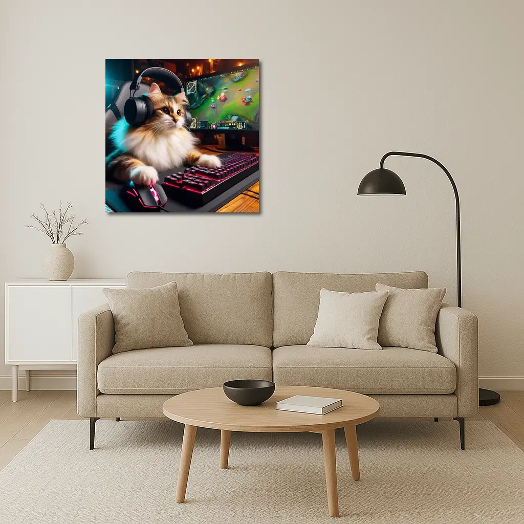Fluffy Cat Gamer Playing at Gaming Setup – Wall Art