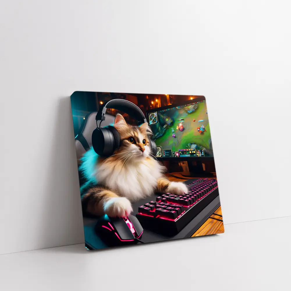 Fluffy Cat Gamer Playing at Gaming Setup – Wall Art