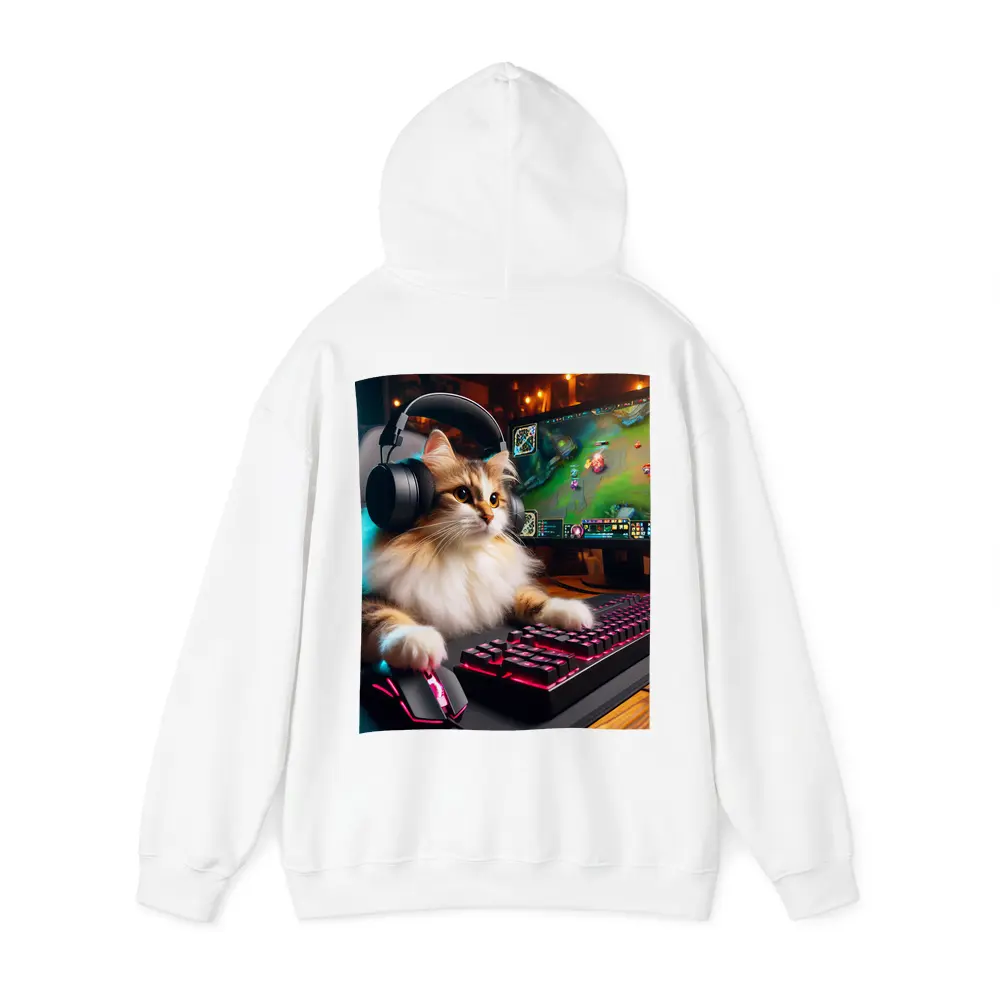 Fluffy Cat Gamer Playing at Gaming Setup – Hoodies