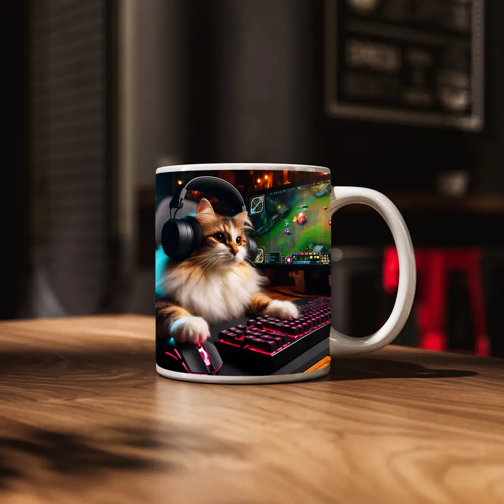 Fluffy Cat Gamer Playing at Gaming Setup – Mugs
